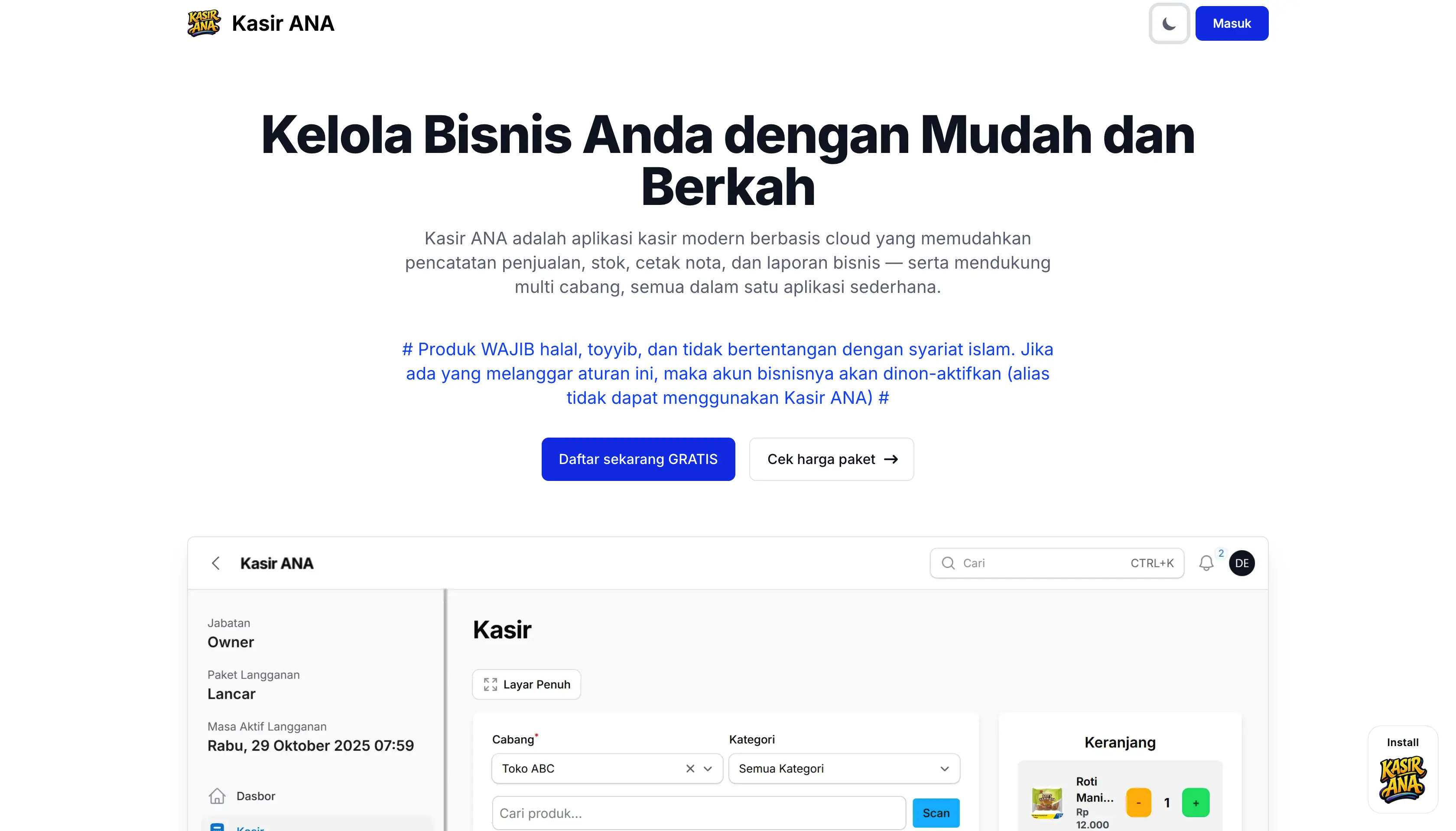 Tampilan KASIR ANA